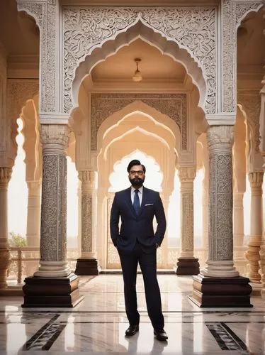 Architecture, master of design, solo, male, 40s, beard, glasses, black hair, formal wear, suit, tie, holding blueprints, standing, Spa Bhopal, Indian architecture, white marble, intricate carvings, gr