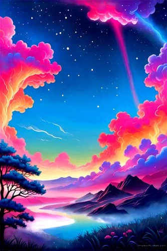 unicorn background,rainbow clouds,landscape background,fantasy landscape,colorful background,dusk background,mushroom landscape,dreamscape,crayon background,purple landscape,rainbow background,art background,background colorful,futuristic landscape,night sky,beautiful wallpaper,mountain sunrise,colorful stars,nature background,high landscape,Conceptual Art,Daily,Daily 17