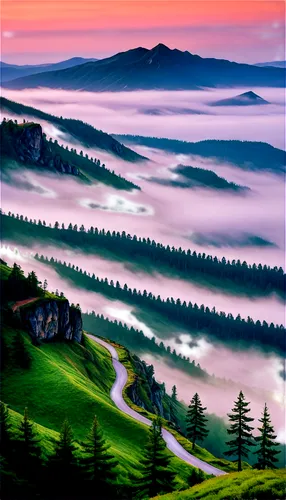 serene landscape, misty mountains, sunrise clouds, green hills, winding road, pine trees, rocky cliffs, morning fog, warm light, panoramic view, 3/4 composition, shallow depth of field, vibrant color 