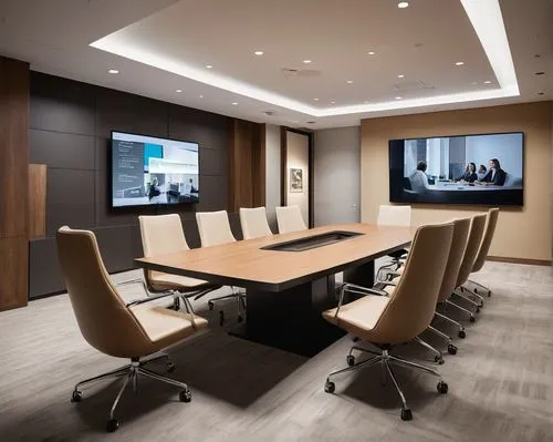 Cisco video conferencing room, modern minimalist interior design, large screen display, sleek metal legs, glass table top, high-backed leather chairs, subtle wood accents, softbox lighting, warm beige