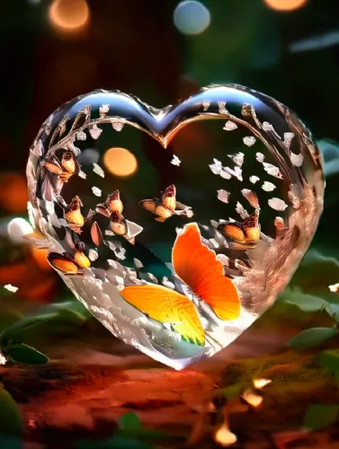 a heart made out of glass with erflies,watery heart,colorful heart,water splashes,heart background,water splash,mirror in a drop,bokeh hearts,reflection in water,splash photography,dew drop,water drop