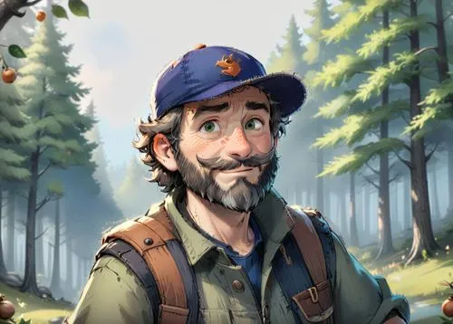 A 50 year old man, he is a forester, he is wearing an orange cap with a logo on it, his beard is greay and chesnuts colored, he is wearing forester clothes green and brown colored, he has a few rickle