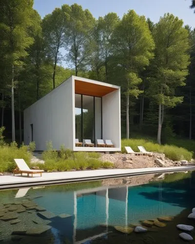 corten steel,pool house,mid century house,inverted cottage,summer house,summer cottage,mid century modern,dunes house,modern house,cubic house,house with lake,new england style house,3d rendering,prefab,house by the water,forest house,modern architecture,snohetta,renders,bohlin,Photography,General,Realistic