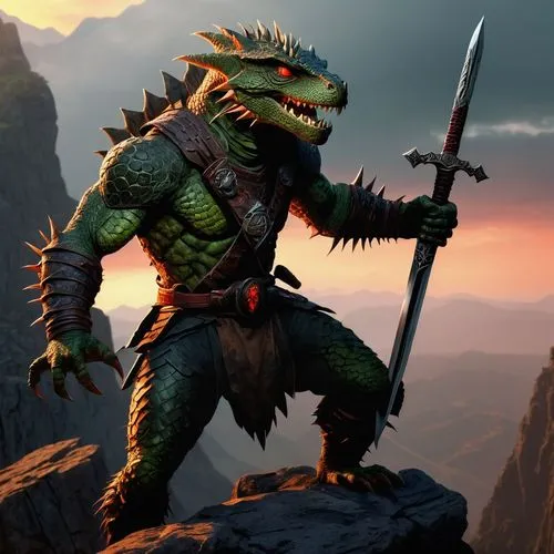 Kobold, reptilian creature, green scaly skin, sharp teeth, glowing red eyes, spiky hair, tribal tattoos, muscular arms, claws, battle-worn armor, holding a rusty sword, standing on a rocky cliff, mist