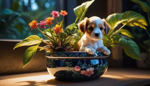 cute puppy in a flower pot,the small dog is sitting in a pot by the plants,potted plant,flowerpot,flower pot,ginger plant,wooden flower pot,terracotta flower pot,Photography,Artistic Photography,Artis