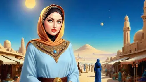 Romantic masterpiece oil painting, beautiful girl portrait, abaya dress, nostalgic 1950's style kitsch, breathtaking beautiful epic vast landscape, Tatooine, Mos Eisley Spaceport, majestic scenery, st