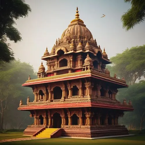 Ancient Indian temple, Vastu Shastra inspired building, intricate carvings, ornate pillars, symmetrical structure, tiered tower, golden dome, vibrant red and yellow colors, detailed stonework, lush gr