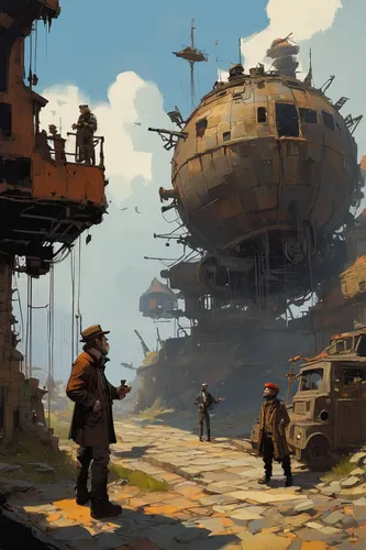 airships,airship,wasteland,steampunk,post-apocalyptic landscape,post apocalyptic,nomads,futuristic landscape,scrapyard,concept art,ship yard,ship wreck,junkyard,sci fiction illustration,scifi,salvage yard,travelers,air ship,shipyard,tank ship,Conceptual Art,Sci-Fi,Sci-Fi 01