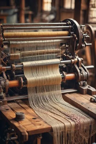 Modern weaver, intricate machinery, wooden structure, ornate details, vintage vibe, rustic atmosphere, old workshop, natural light pouring in, warm colors, soft focus, shallow depth of field, 3/4 comp