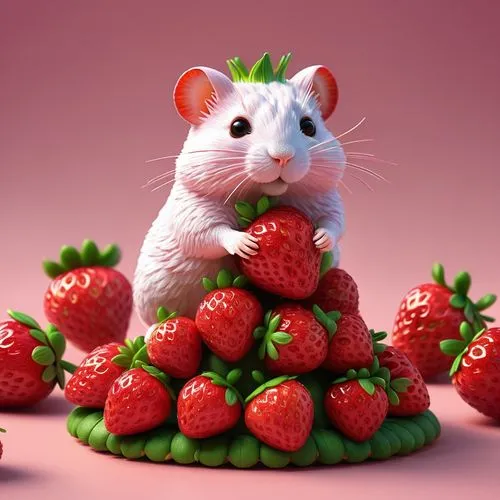 (sculpture of a cute strawberry_hamster entirely made of fresh strawberries :1.5). The background shows a table setting with lots of Strawberries. The overall atmosphere of the picture is a fun and wh