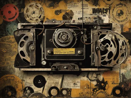 Create a Fight Club wallpaper with a vintage look, incorporating elements of old film reels and distressed textures.,movie camera,vintage camera,twin lens reflex,analog camera,old camera,point-and-sho