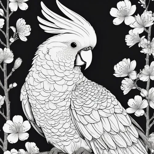 flower and bird illustration,ornamental bird,an ornamental bird,line art birds,bird illustration,coloring page,Illustration,Black and White,Black and White 04