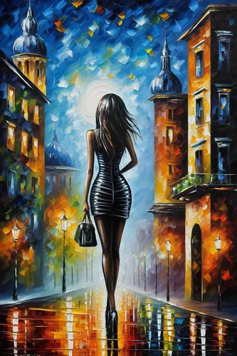 girl walking away,oil painting on canvas,art painting,walking in the rain,italian painter,woman walking,oil painting,in the rain,boho art,night scene,fantasy art,creative background,rainstorm,cityscape,light rain,city scape,girl in a long,city lights,oil on canvas,monsoon,Conceptual Art,Sci-Fi,Sci-Fi 02