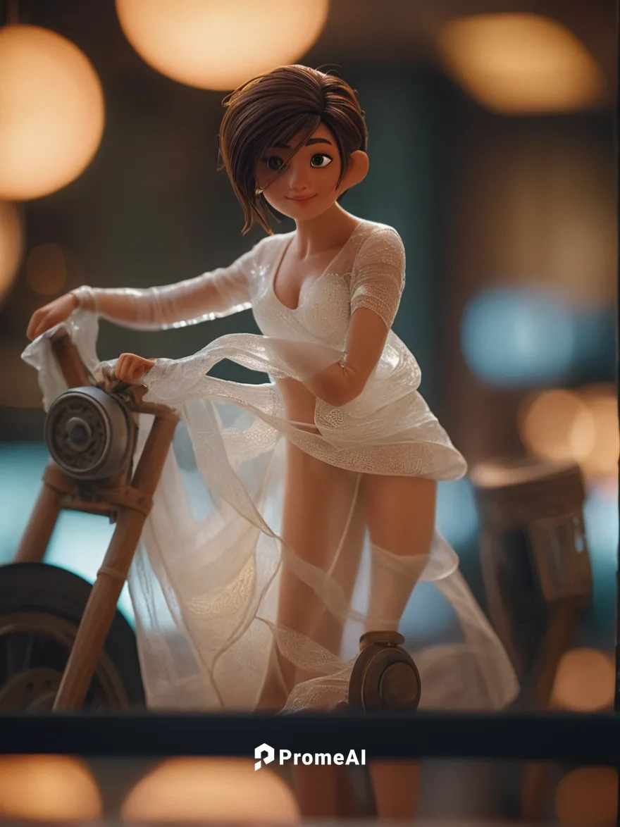 princess leia,tracer,bokeh,transistor,bokeh effect,girl with a wheel,lensball,3d figure,background bokeh,scooter riding,retro girl,spinning,woman bicycle,toy photos,cg artwork,3d render,delivery servi