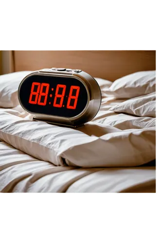 Alarm clock, loud ringing, flashing red light, metallic body, rounded edges, digital display, bright numbers, morning sunlight, messy bed, rumpled sheets, 3/4 composition, shallow depth of field, warm