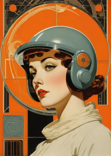 Imagine Ash Leigh in a futuristic world where technology controls every aspect of life.,art deco woman,telephone operator,atomic age,transistor,retro women,safety helmet,retro woman,art deco,retro gir