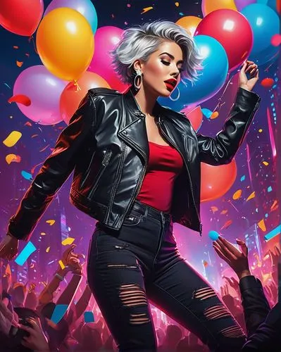 Vibrant event poster, colorful neon lights, futuristic background, DJ stage, crowded dance floor, excited partygoers, confetti and balloons floating in air, glamorous female DJ, short silver hair, bol