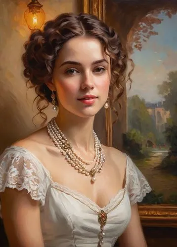 romantic portrait,jane austen,victorian lady,fantasy portrait,emile vernon,portrait of a girl,portrait background,girl in a historic way,mystical portrait of a girl,young woman,cinderella,vintage female portrait,a charming woman,young lady,portrait of a woman,artist portrait,bridal jewelry,custom portrait,queen anne,pearl necklace,Art,Classical Oil Painting,Classical Oil Painting 39