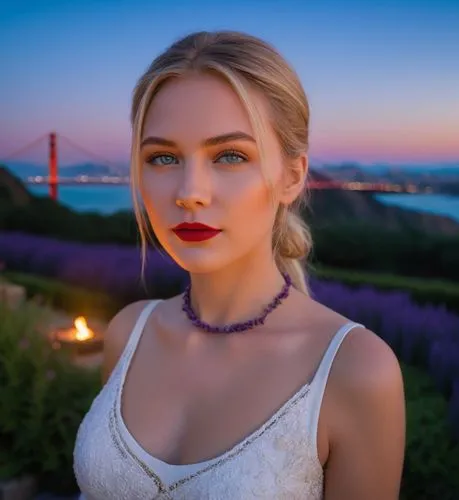 A stunning portrait of a beautiful caucasian girl 22 years old, blonde hair, green eyes, red lips , wearing a beautiful white dress stand up in a balcony at sunset whit the bridge golden gate in San F