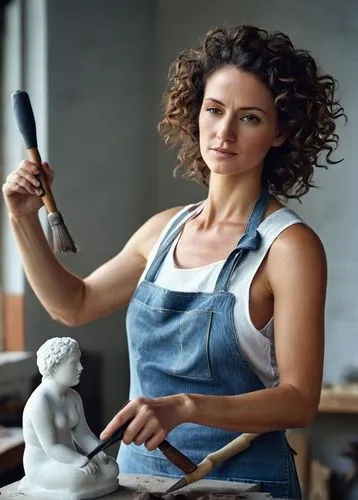 Female figure sculptor, studio setting, mature lady, 30s, curly brown hair, minimal makeup, white tank top, denim jeans, leather apron, clay-stained hands, sculpting tools, half-finished female statue