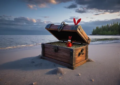 Describe how Mr. Krabs reacts when he discovers a treasure chest on a deserted island.,santa claus at beach,life buoy,safety buoy,diving bell,lifeguard tower,treasure chest,christmas on beach,message 