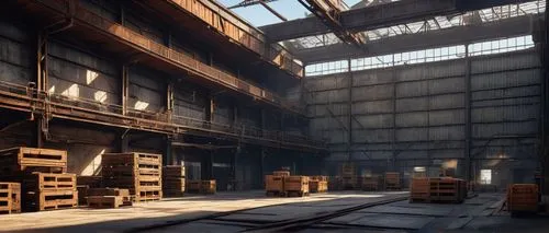 Modern warehouse, industrial architecture, steel beams, concrete walls, large windows, metal roof, urban setting, cityscape, busy streets, morning sunlight, warm lighting, detailed textures, realistic