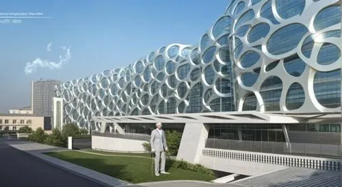 Iran Neurological Sciences Hospital entrance 
Inspired by neurons and nerve fibers of bionic architecture,a person walking towards a white building,honeycomb structure,building honeycomb,masdar,morpho