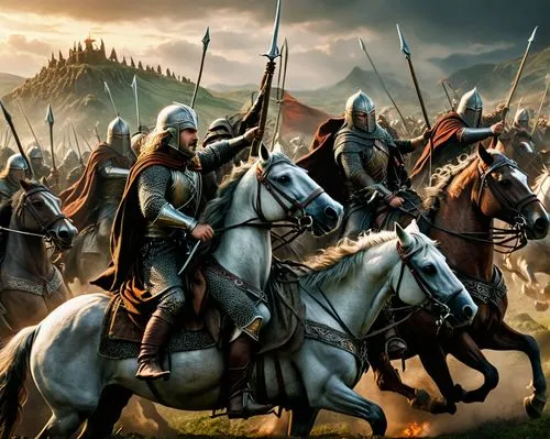 lord of the rings, the battle between rohan riders and mummakil on the fields of Pelennor,the two men are riding horses in battle,rohirrim,lusitanos,spearmen,cavalrymen,cataphracts,fomorians,Photograp