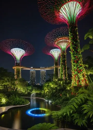 Singaporean landscape architecture, Gardens by the Bay, tropical rainforest atmosphere, lush greenery, vibrant flowering plants, modern sleek lines, intricate water features, tranquil ponds, majestic 