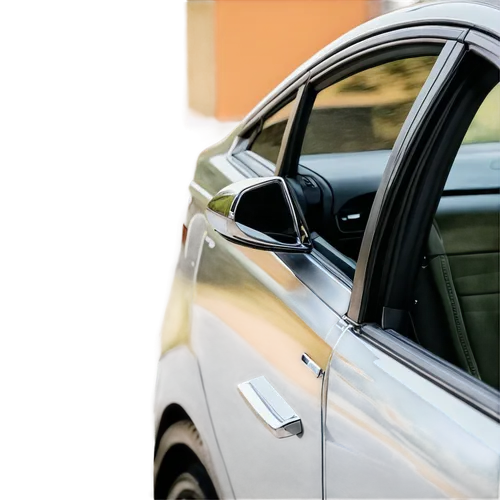 Car window, side view, modern sedan, black frame, silver door handle, clean glass, slight reflection, morning sunlight, shallow depth of field, cinematic lighting, 3/4 composition, warm color tone.,au