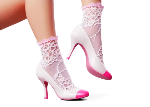 Barbie doll, close-up, feet only, high heels, pink toenails, delicate ankle bones, smooth skin, shiny legs, white socks, lacy edges, soft focus, warm lighting, pastel colors, 3/4 composition, macro ph