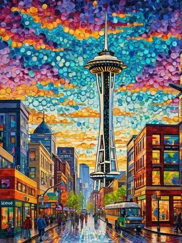 Seattle cityscape, Lego-inspired buildings, colorful blocks, modern architecture, glass windows, steel beams, vibrant city lights, cloudy sky, Space Needle in background, busy streets, people walking,