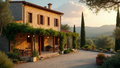 Villa, vernacular architecture, Tuscan countryside, Mediterranean landscape, cypress trees, olive groves, golden hour, soft warm light, stone walls, terracotta roof tiles, wooden shutters, rustic door