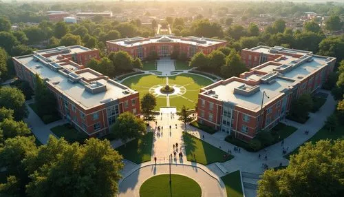 University campus, regionalism, modern architecture, greenery surroundings, sunny day, warm lighting, aerial view, bird's eye view, symmetrical composition, vibrant colors, diverse students, backpacks