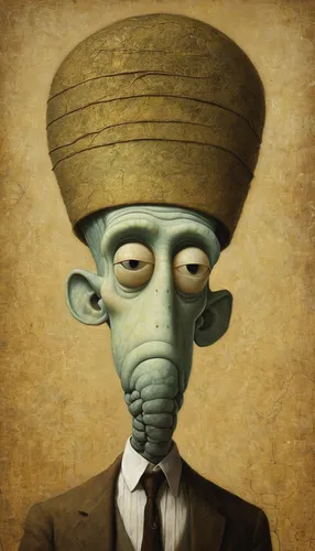 anthropomorphic,jiminy cricket,turban,anthropomorphized,pork-pie hat,george lucas,pinocchio,bellboy,ramses ii,bob hat,selanee henderon,top hat,admiral von tromp,abe,tutankhamun,abraham lincoln,wreck self,self-portrait,vincent van gough,grant wood,Illustration,Realistic Fantasy,Realistic Fantasy 09