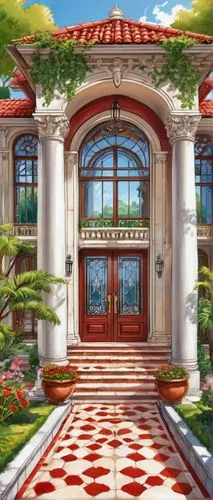 house entrance,miramare,dandelion hall,cochere,palladianism,kemco,transmarco,garden door,the threshold of the house,ballroom,country estate,angra,cartoon video game background,dreamhouse,ffx,background design,entranceway,paradisus,mansion,conservatory,Illustration,American Style,American Style 13