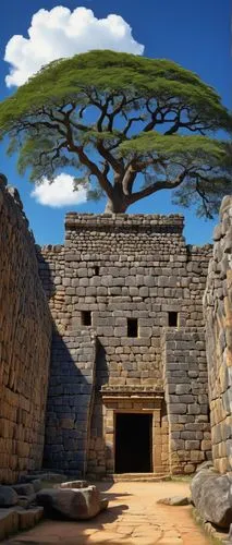 Great Zimbabwe architecture, ancient city ruins, stone walls, intricate carvings, grand entrance, majestic towers, ornate windows, detailed stonework, African savannah landscape, Acacia trees, blue sk