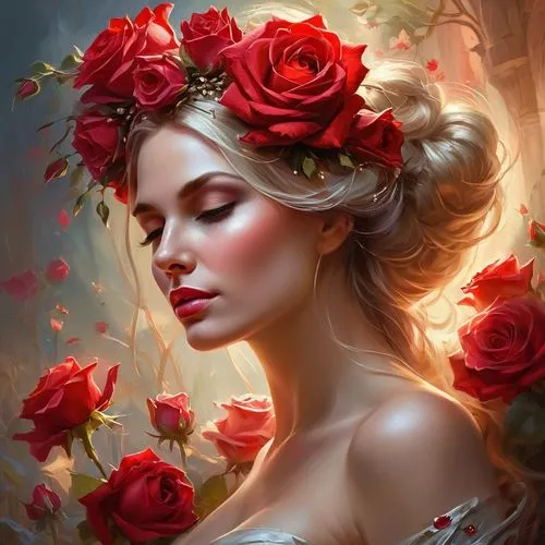 red roses,scent of roses,red rose,romantic rose,rose wreath,romantic portrait,Conceptual Art,Oil color,Oil Color 22