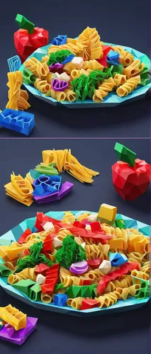 colorful pasta,alphabet pasta,flavoring dishes,snack vegetables,frozen vegetables,pasta salad,colorful vegetables,pizza chips,cookie cutters,vegetable pan,fruit slices,food collage,food platter,dinner tray,salad plate,chopped vegetables,neon candy corns,feast noodles,motor skills toy,game pieces,Unique,3D,Low Poly