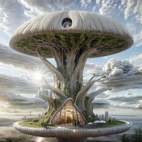 Incredible futuristic mushroom-shaped alien houses, with lots of lighting and forest environment. The mushroom roof is a material that is super resistant to external impacts. The base is a sturdy stru