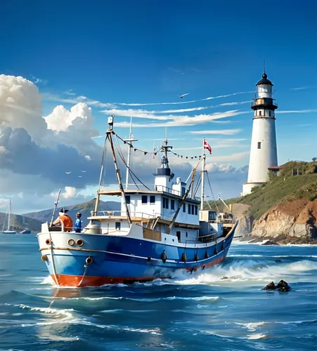 a boat with a flag is in the water near the lighthouse,safmarine,trawler,tradewind,trawlermen,trawlers,manannan