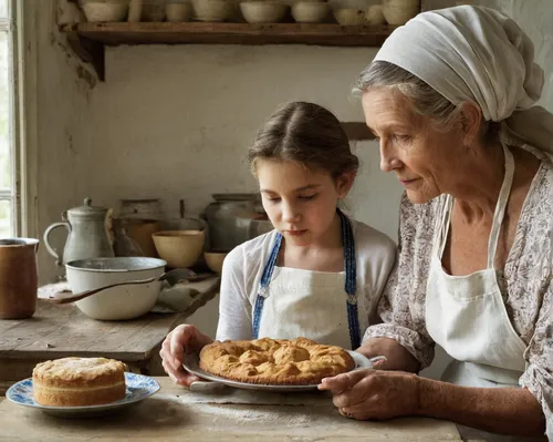 Write a heartwarming story about their mums' love for baking.,woman holding pie,girl in the kitchen,girl with bread-and-butter,provencal life,cookware and bakeware,madeleine,soda bread,viennese cuisin