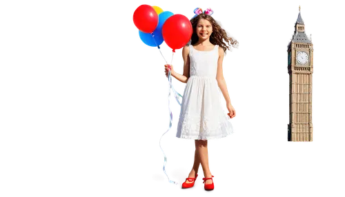 Happy girl, London cityscape, holding big balloon, colorful streamers, cake with candles, party hat, smiling face, bright blue eyes, curly brown hair, white dress, red shoes, standing in front of Big 