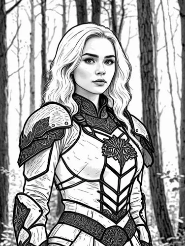 a drawing of a woman wearing armor and holding a sword,female warrior,arrow line art,shadrake,dunkelman,jaina,thorhild,Design Sketch,Design Sketch,Black and white Comic