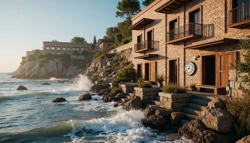 Rugged coastal scenery, crashing waves, salty sea air, weathered brick facades, robust masonry, textured stone walls, durable mortar joints, reinforced foundations, storm-resistant windows, protective