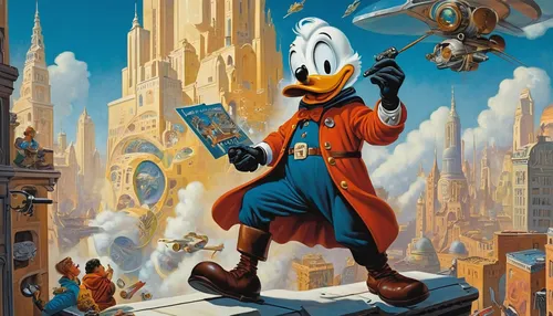 donald duck,donald,pinocchio,geppetto,mickey mouse,the pied piper of hamelin,figaro,walt disney world,pluto,skycraper,odyssey,mickey mause,de ville,shanghai disney,fantasia,the disneyland resort,walt,mayor,mickey,walt disney center,Illustration,Retro,Retro 18