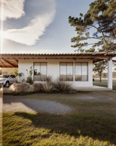 casa de campo colonial, com estrutura de madeira e telhado, paredes em pintura bege claro, dois carros na garagem e bastante vegetação e arvores. No horizonte uma paisagem do campo e fazenda. O céu es