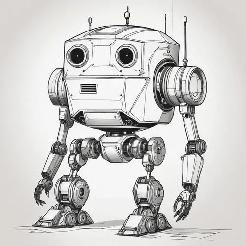 A black and white sketch of an anthropomorphic robot with a boxy head and large, circular eyes that convey a sense of curiosity or innocence. The body of the robot is constructed of various geometric 