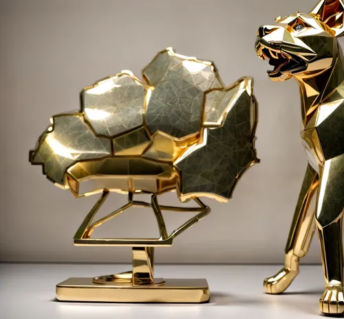 gold deer,lion capital,3d model,gold lacquer,golden scale,dogecoin,canis panther,gold chalice,animal figure,scrap sculpture,gold paint stroke,gold trumpet,3d render,allies sculpture,cat furniture,3d rendered,gold foil corner,gold plated,geometrical cougar,trophy