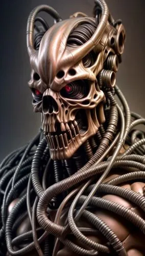 a weird looking alien creature made with wires,ultron,scrap sculpture,png sculpture,endoskeleton,symbiote,metal figure,giger,wireman,venom,skeletonized,rakshasa,cyberdog,3d render,antivenom,avp,yaksha